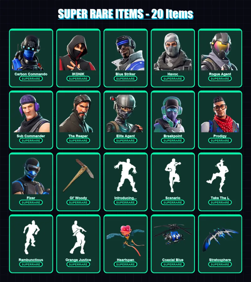[PS4/PS5/XBOX/PC] | Carbon Commando | IKONIK | Blue Striker | Havoc | Rogue Agent | 95 skin | 63 pickaxe | 77 emote | 69 glider | Lv896