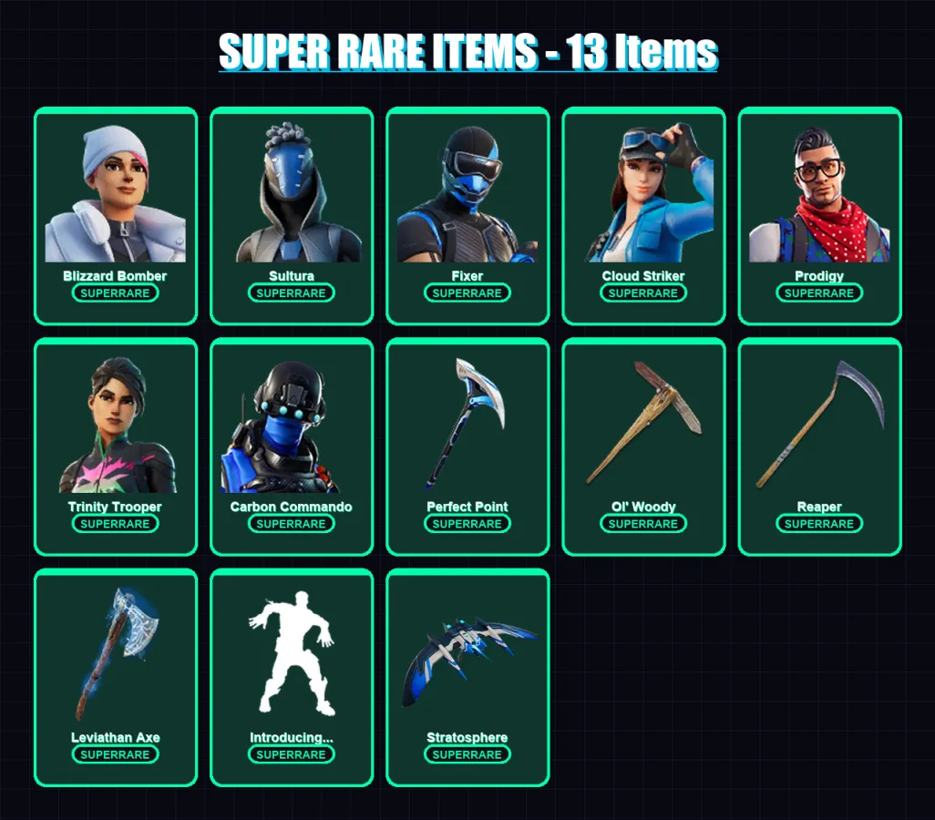 [PS4/PS5/XBOX/PC] | Blizzard Bomber | Sultura | Fixer | Cloud Striker | Prodigy | 176 skin | 140 pickaxe | 120 emote | 93 glider | Lv1421