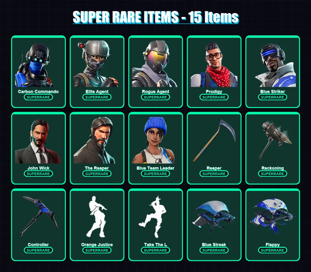 [PS4/PS5/XBOX/PC] | Carbon Commando | Elite Agent | Rogue Agent | Prodigy | Blue Striker | 58 skin | 53 pickaxe | 59 emote | 48 glider | Lv534