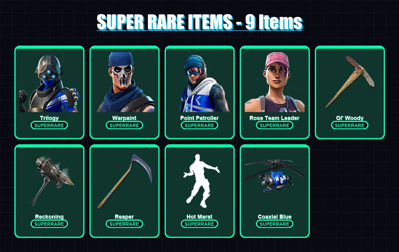 [PC/XBOX/PSN] | Trilogy | Warpaint | Point Patroller | Rose Team Leader | Frozen Love Ranger | 120 skin | 105 pickaxe | 101 emote | 85 glider | Lv11