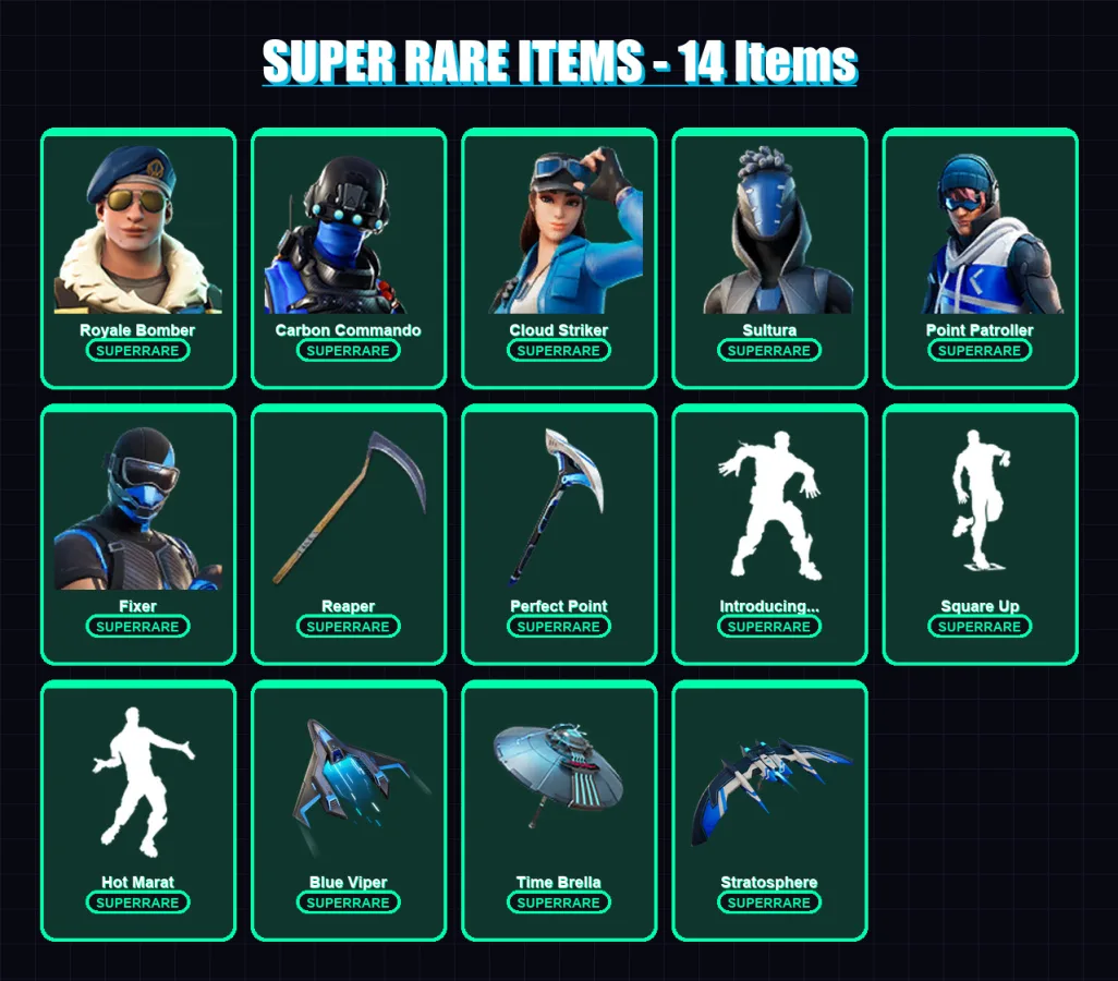 [PC/XBOX] | Royale Bomber | Carbon Commando | Cloud Striker | Sultura | Point Patroller | 96 skin | 159 pickaxe | 128 emote | 149 glider | Lv2956 — Fortnite account