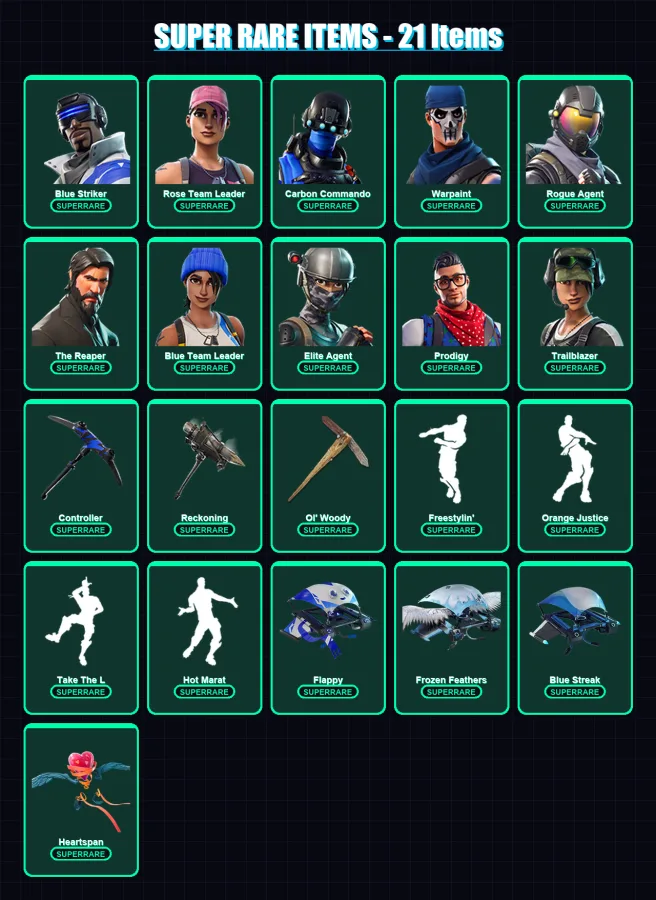 [PS4/PS5/XBOX/PC] | Blue Striker | Rose Team Leader | Carbon Commando | Warpaint | Rogue Agent | 117 skin | 54 pickaxe | 71 emote | 55 glider | Lv59