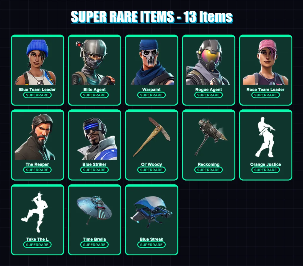 [PS4/PS5/PC] | Blue Team Leader | Elite Agent | Warpaint | Rogue Agent | Rose Team Leader | 86 skin | 103 pickaxe | 98 emote | 106 glider | Lv1448