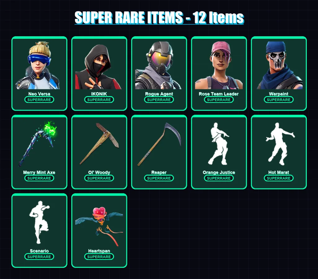 [PS4/PS5/XBOX/PC] | Neo Versa | IKONIK | Rogue Agent | Rose Team Leader | Warpaint | 82 skin | 56 pickaxe | 65 emote | 64 glider | Lv671