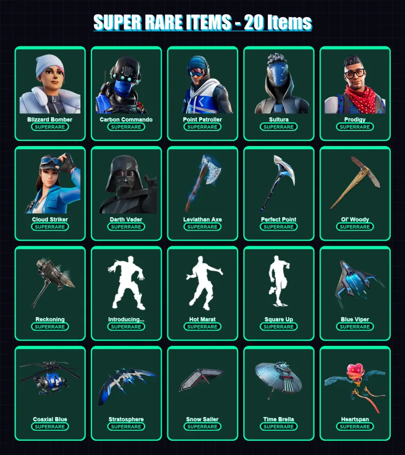 [PS4/PS5/PC] | Blizzard Bomber | Carbon Commando | Point Patroller | Sultura | Prodigy | 339 skin | 378 pickaxe | 332 emote | 299 glider | Lv3909