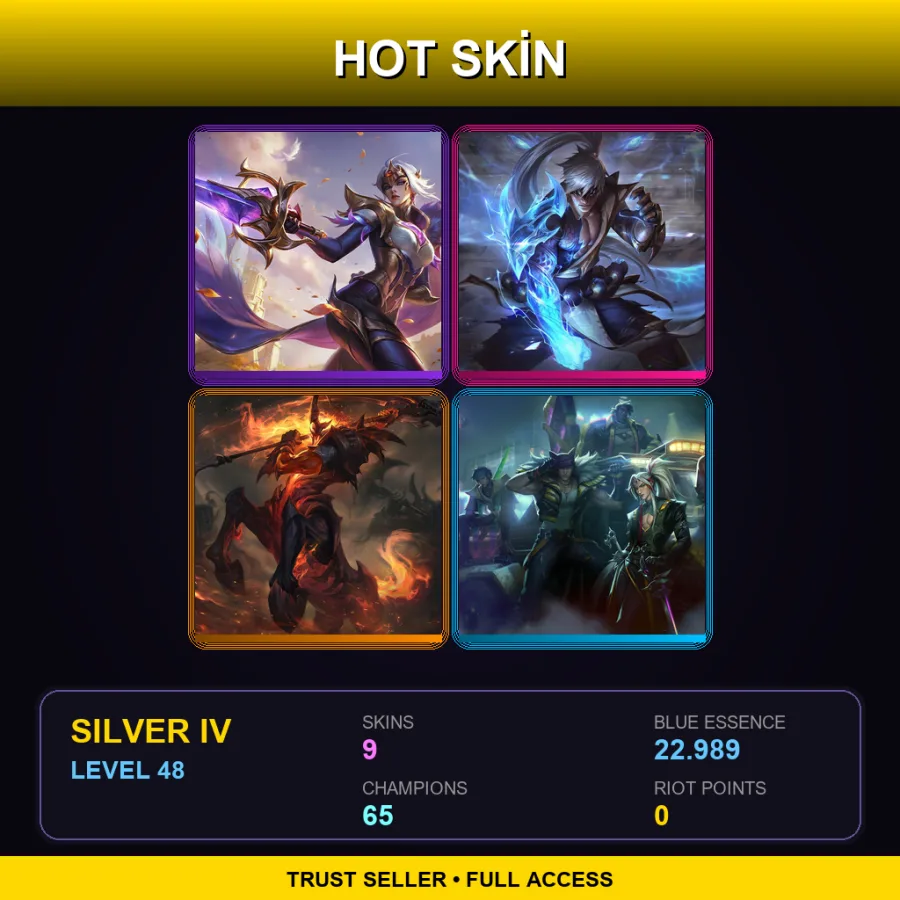 EUW | Victorious Fiora | Storm Dragon Lee Sin | High Noon Hecarim | HEARTSTEEL Yone | 9 Skin | 65 Champ | Silver IV | Lv48