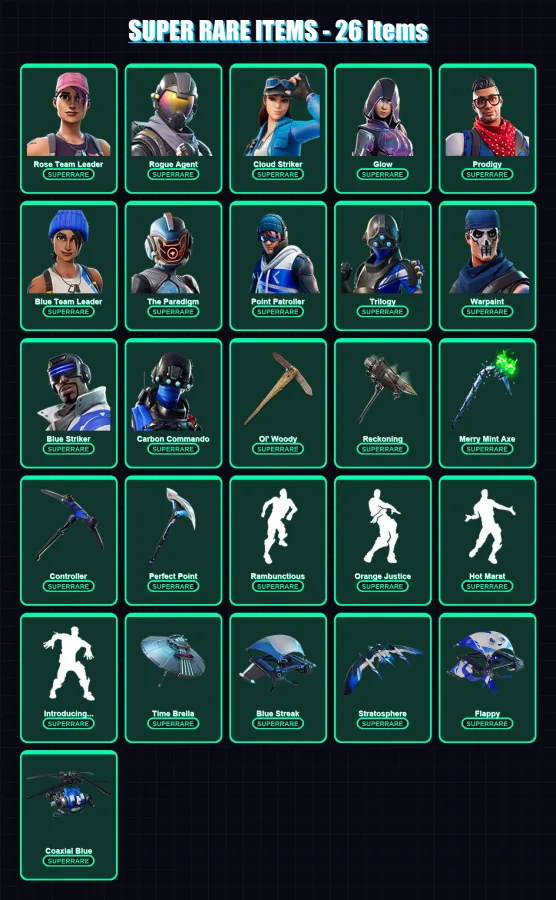 [PS4/PS5/XBOX/PC] | Rose Team Leader | Rogue Agent | Cloud Striker | Glow | Prodigy | 145 skin | 136 pickaxe | 125 emote | 108 glider | Lv1308