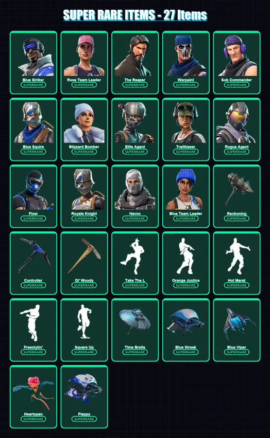 [PS4/PS5/XBOX/PC] | Blue Striker | Rose Team Leader | The Reaper | Warpaint | Sub Commander | 84 skin | 71 pickaxe | 101 emote | 83 glider | Lv1265