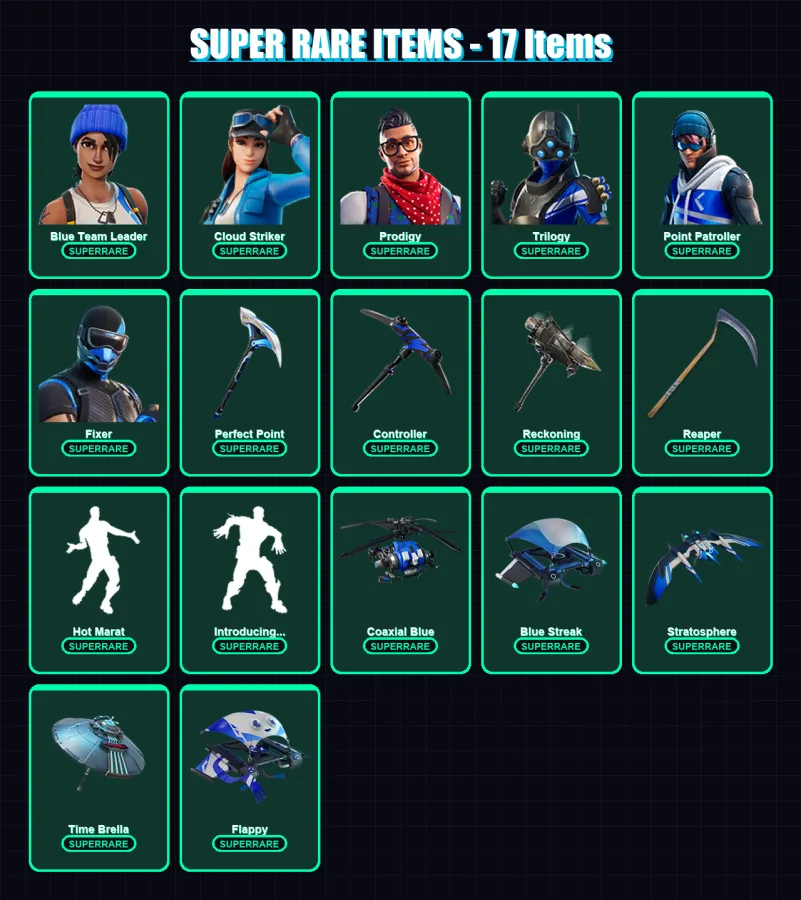 [PC] | Blue Team Leader | Cloud Striker | Prodigy | Trilogy | Point Patroller | 123 skin | 133 pickaxe | 125 emote | 124 glider | Lv2090 — Fortnite account