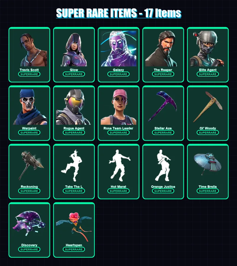 [PC/XBOX/PSN] | Travis Scott | Glow | Galaxy | The Reaper | Elite Agent | 124 skin | 160 pickaxe | 140 emote | 147 glider | Lv2281 — Fortnite account
