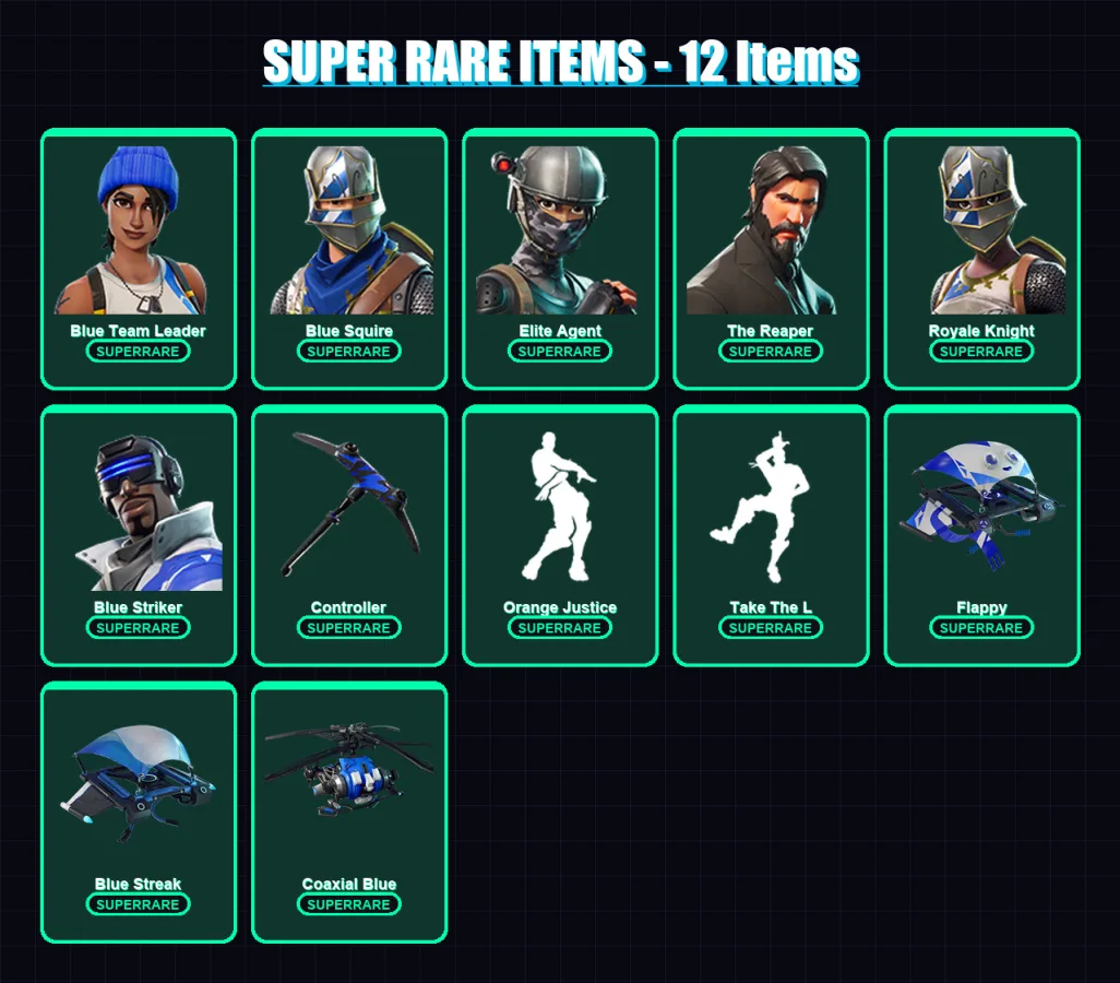 [PS4/PS5/XBOX/PC] | Blue Team Leader | Blue Squire | Elite Agent | The Reaper | Royale Knight | 22 skin | 22 pickaxe | 22 emote | 23 glider | Lv314