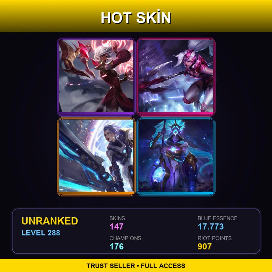 BR | Conqueror Karma | Challenger Nidalee | Pulsefire Riven | Cosmic Huntress Nidalee | 147 Skin | 176 Champ | Lv288