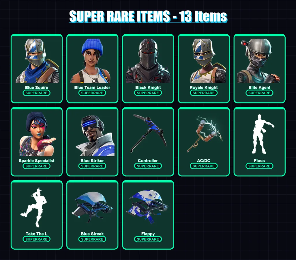 [PS4/PS5/XBOX/PC] | Blue Squire | Blue Team Leader | Black Knight | Royale Knight | Elite Agent | 92 skin | 97 pickaxe | 70 emote | 78 glider | Lv10