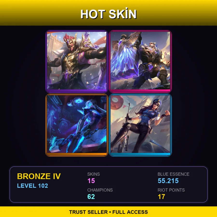 TR | Victorious Draven | Victorious Braum | PROJECT: Ashe | Officer Caitlyn | 15 Skin | 62 Champ | Bronze IV | Lv102