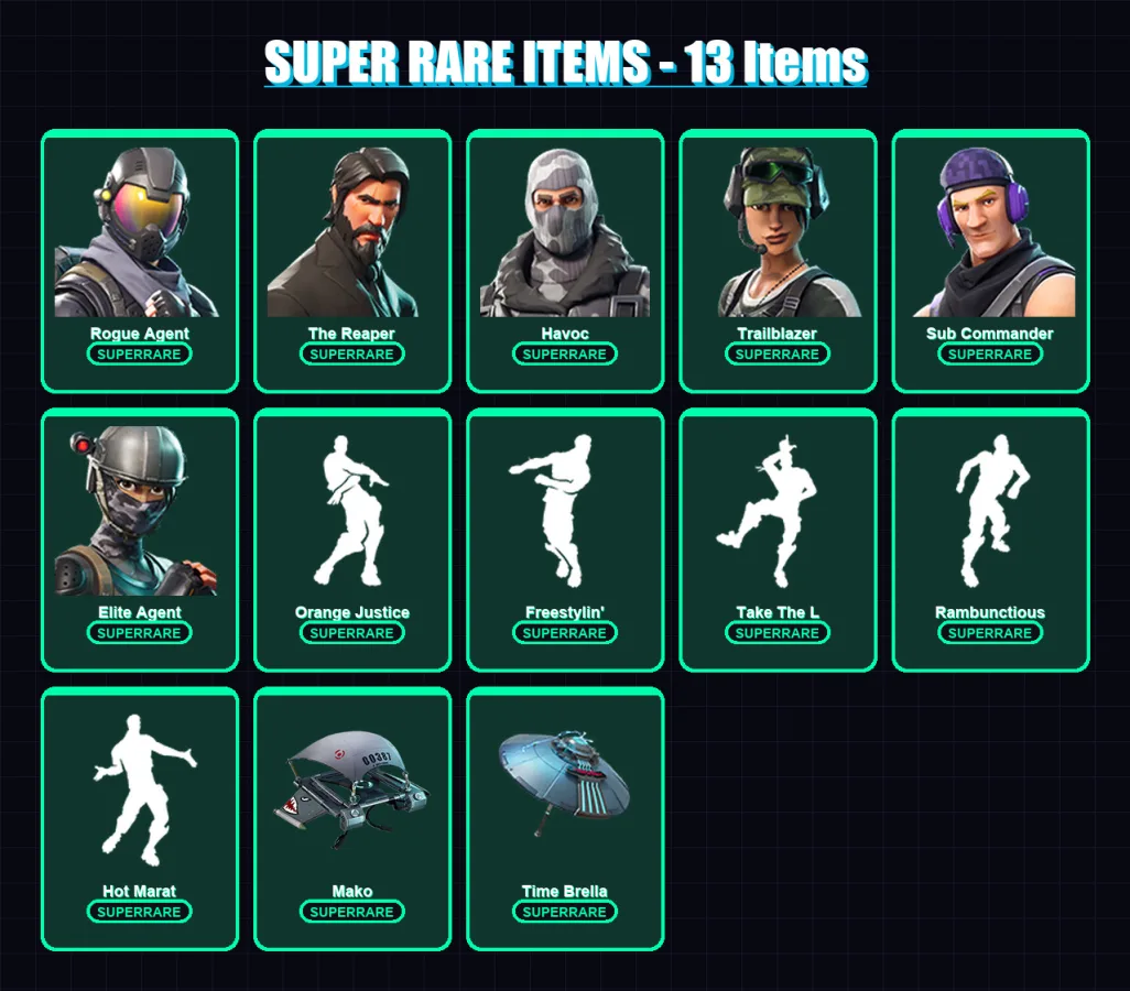 [PS4/PS5/PC] | Rogue Agent | The Reaper | Havoc | Trailblazer | Sub Commander | 57 skin | 51 pickaxe | 65 emote | 59 glider | Lv864