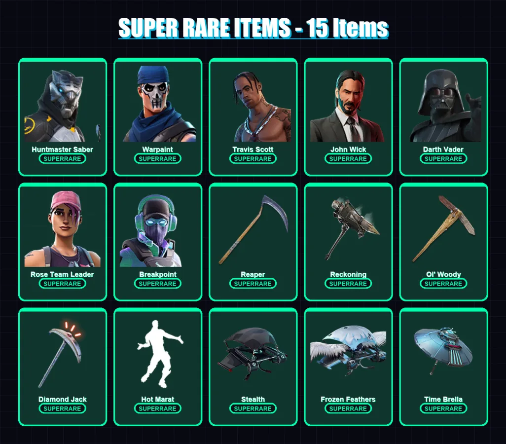 [PC/XBOX/PSN] | Huntmaster Saber | Warpaint | Travis Scott | John Wick | Darth Vader | 423 skin | 345 pickaxe | 319 emote | 226 glider | Lv3492