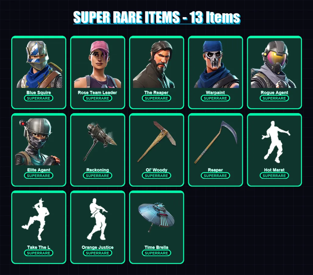 [PC/XBOX/PSN] | Blue Squire | Rose Team Leader | The Reaper | Warpaint | Rogue Agent | 107 skin | 97 pickaxe | 116 emote | 89 glider | Lv1280