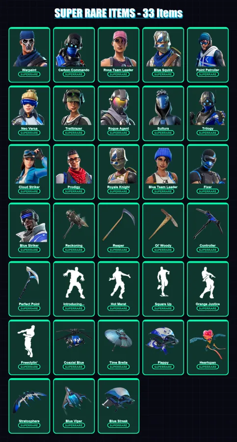 [PC/XBOX] | Warpaint | Carbon Commando | Rose Team Leader | Blue Squire | Point Patroller | 206 skin | 217 pickaxe | 195 emote | 183 glider | Lv2186