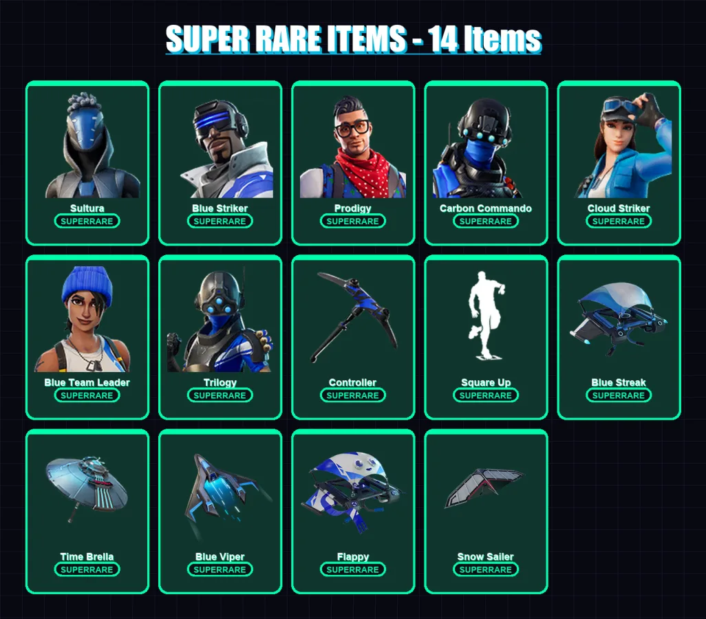 [PS4/PS5/XBOX/PC] | Sultura | Blue Striker | Prodigy | Carbon Commando | Cloud Striker | 76 skin | 93 pickaxe | 74 emote | 90 glider | Lv1263