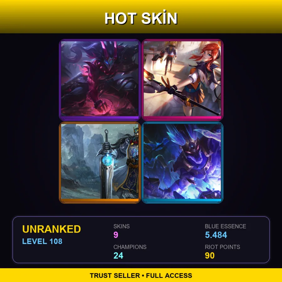 LAS | Blood Moon Tryndamere | Battle Academia Lux | King Tryndamere | Worldbreaker Nasus | 9 Skin | 24 Champ | Lv108