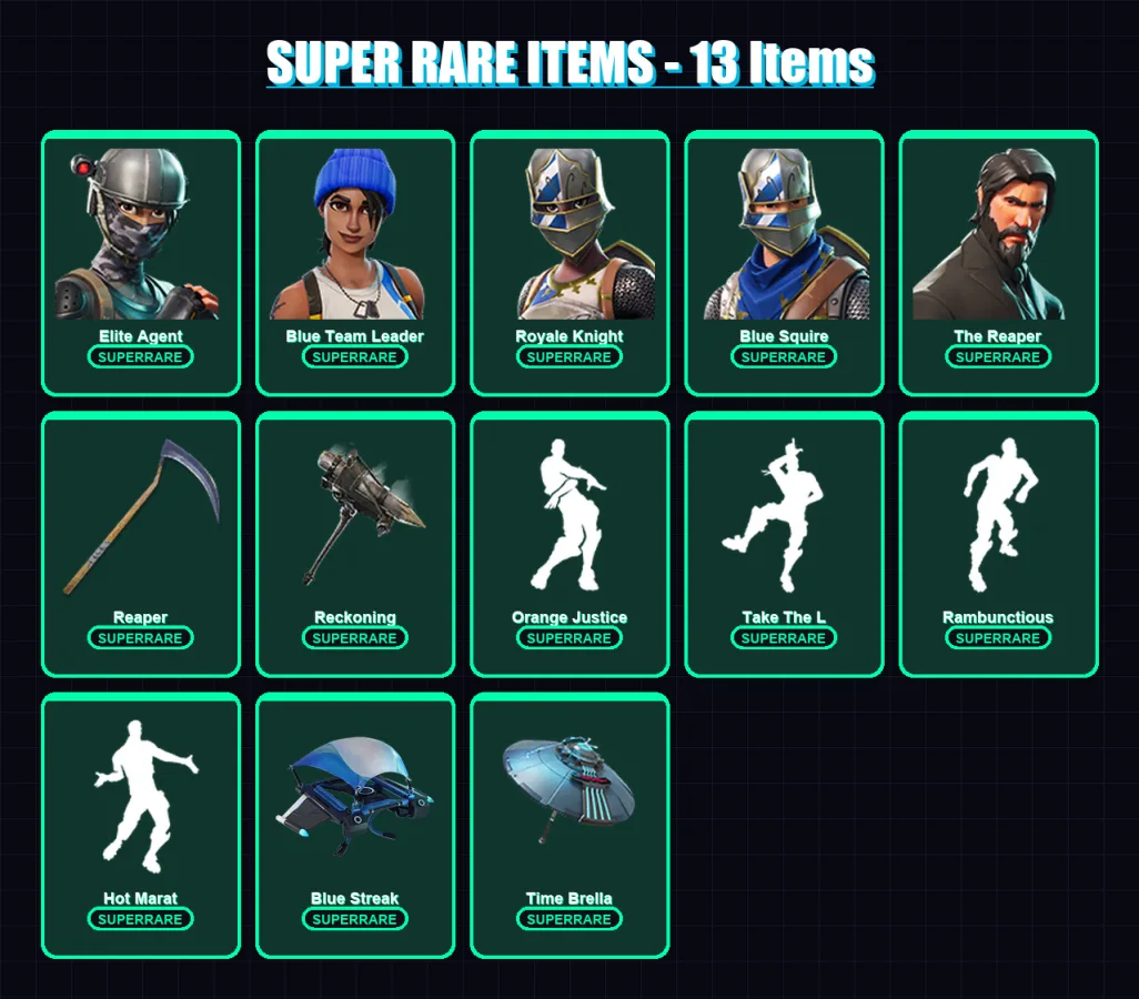 [PC/XBOX/PSN] | Elite Agent | Blue Team Leader | Royale Knight | Blue Squire | The Reaper | 95 skin | 110 pickaxe | 127 emote | 114 glider | Lv2039