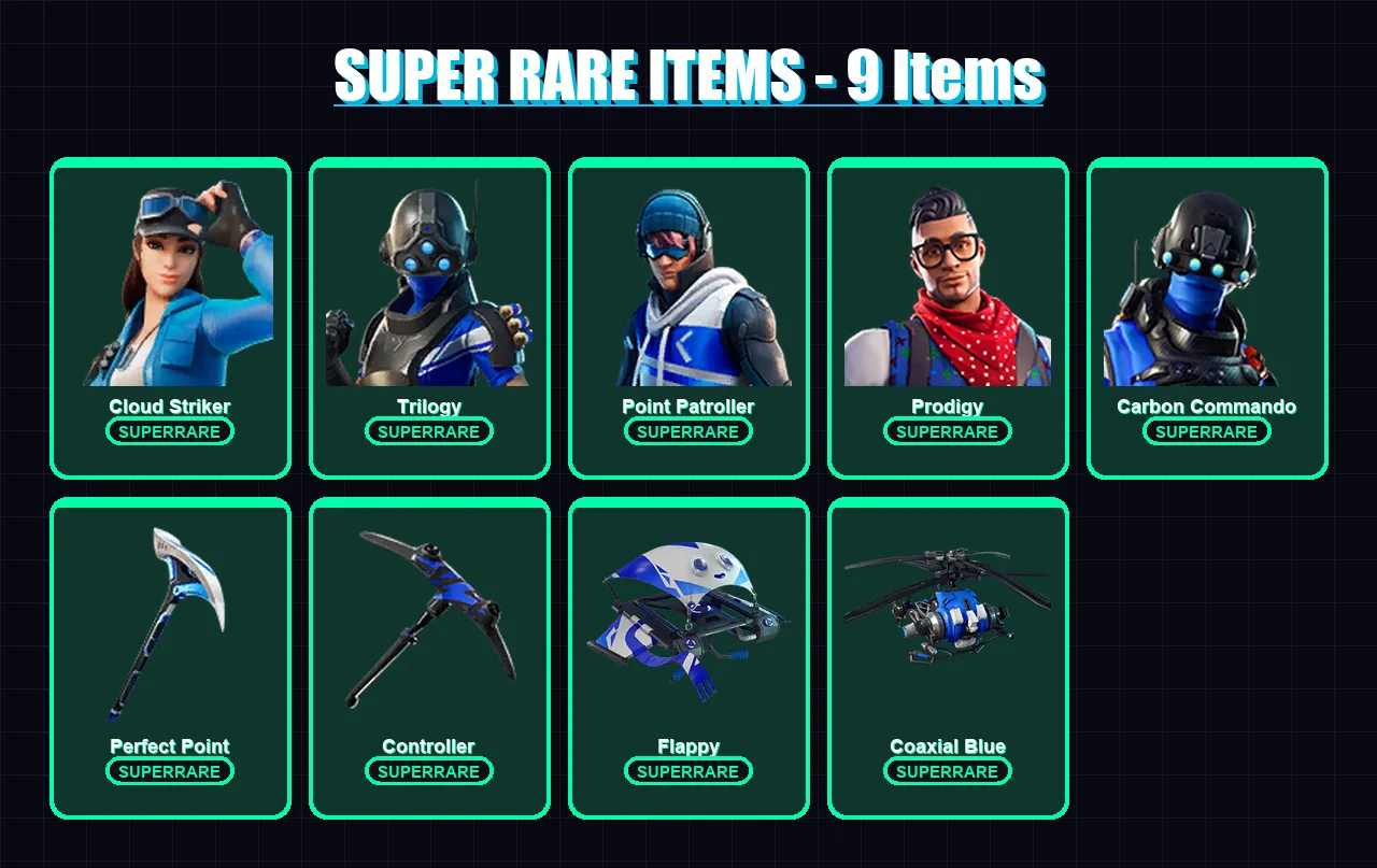 [PS4/PS5/XBOX/PC] | Cloud Striker | Trilogy | Point Patroller | Prodigy | Carbon Commando | 6 skin | 5 pickaxe | 9 emote | 8 glider | Lv129