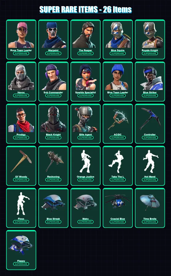 [PS4/PS5/XBOX/PC] | Rose Team Leader | Warpaint | The Reaper | Blue Squire | Royale Knight | 96 skin | 133 pickaxe | 120 emote | 140 glider | Lv2566
