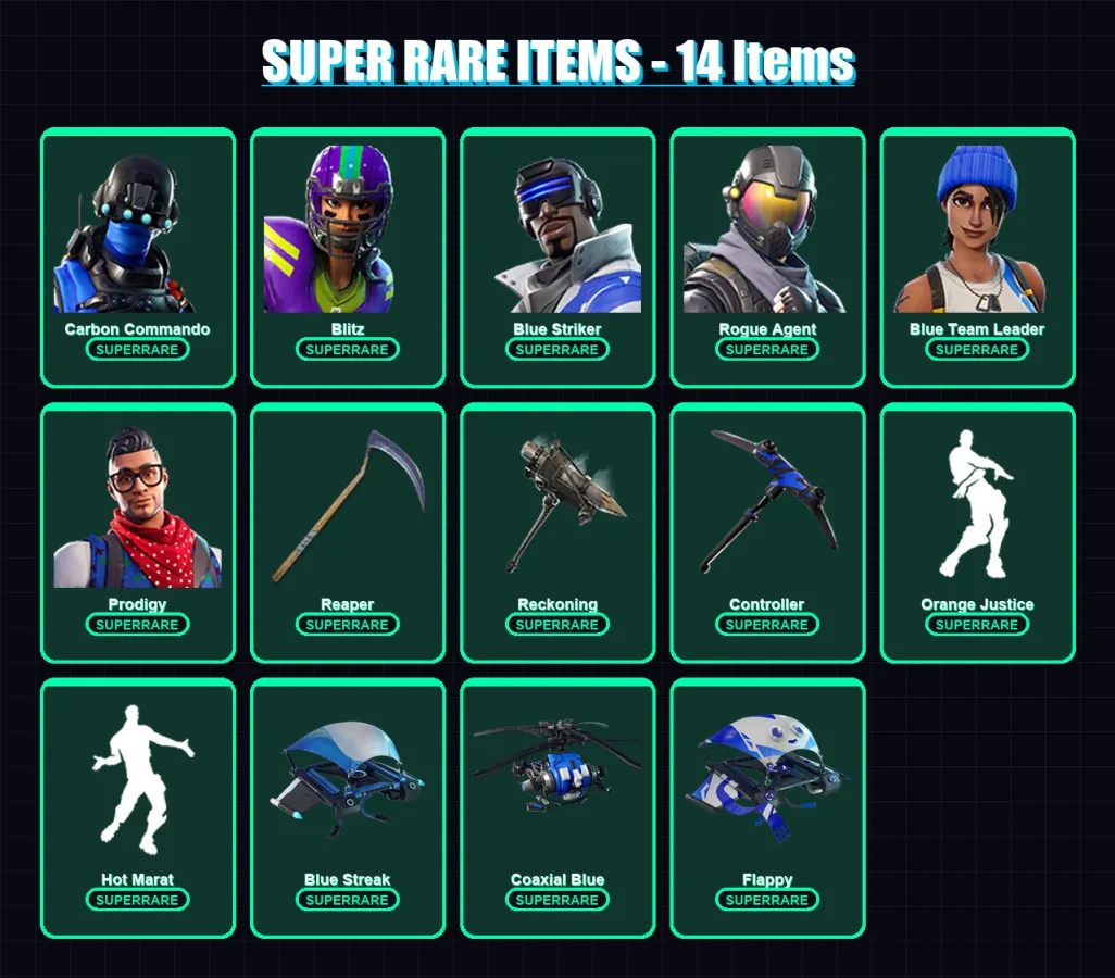 [PS4/PS5/XBOX/PC] | Carbon Commando | Blitz | Blue Striker | Rogue Agent | Blue Team Leader | 70 skin | 41 pickaxe | 66 emote | 44 glider | Lv537