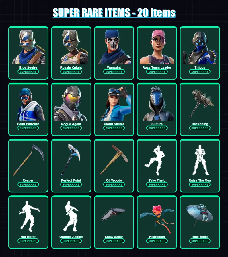 [PS4/PS5/XBOX/PC] | Blue Squire | Royale Knight | Warpaint | Rose Team Leader | Trilogy | 155 skin | 179 pickaxe | 168 emote | 168 glider | Lv2658