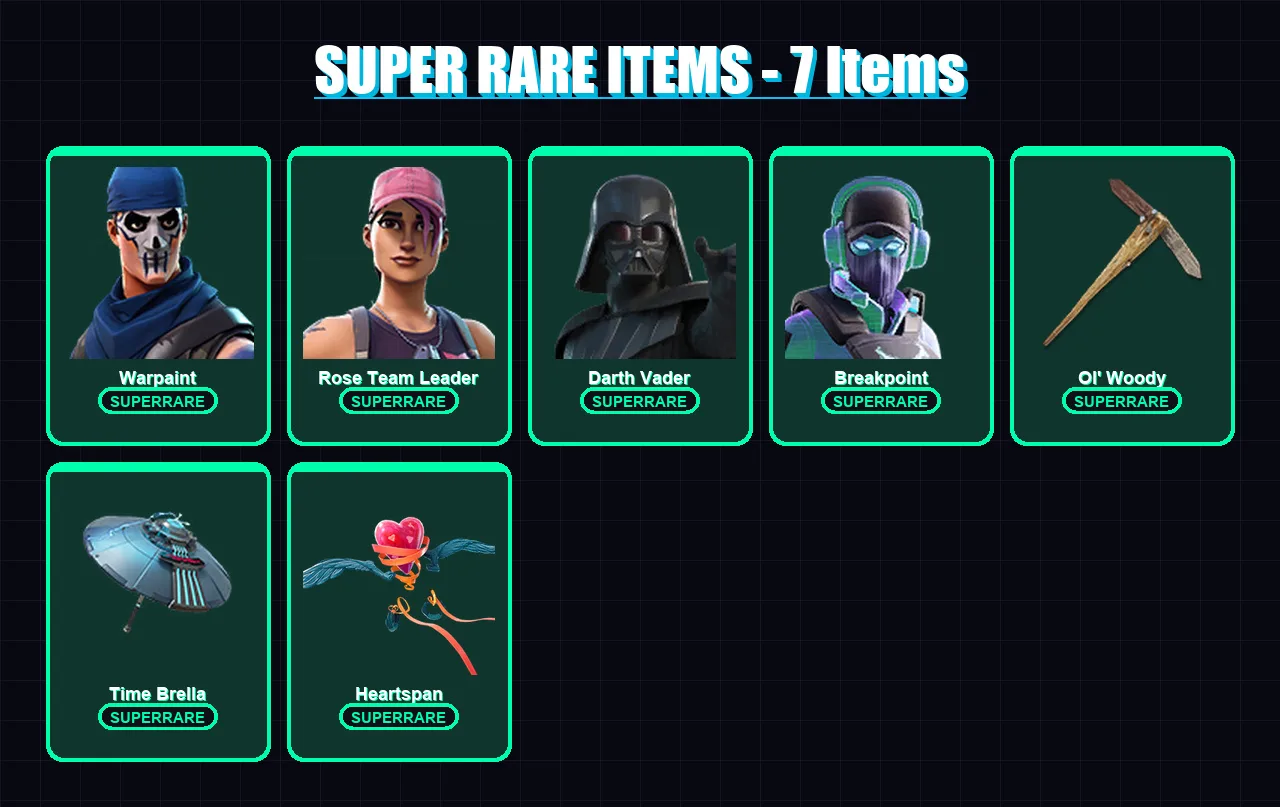 [PC] | Warpaint | Rose Team Leader | Darth Vader | Breakpoint | Kado Thorne | 205 skin | 229 pickaxe | 178 emote | 197 glider | Lv2512