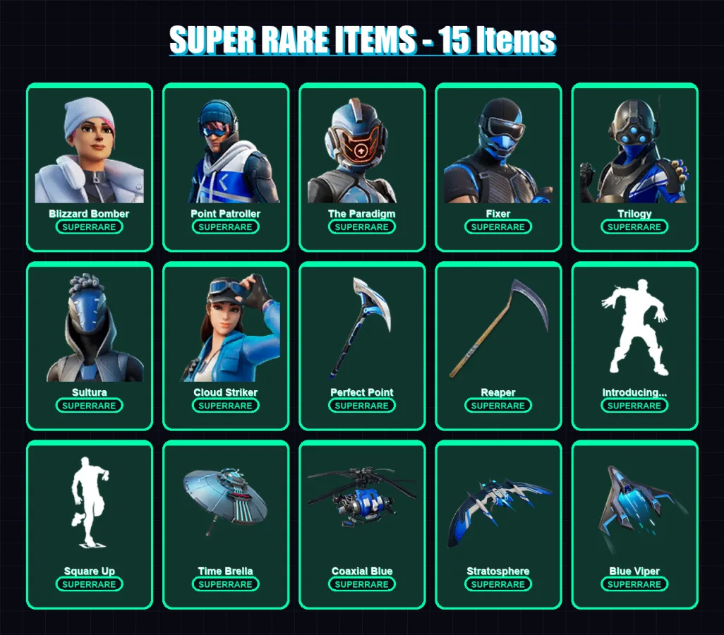 [PS4/PS5/XBOX/PC] | Blizzard Bomber | Point Patroller | The Paradigm | Fixer | Trilogy | 47 skin | 72 pickaxe | 72 emote | 75 glider | Lv1083