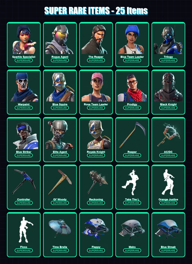 [PS4/PS5/XBOX/PC] | Sparkle Specialist | Rogue Agent | The Reaper | Blue Team Leader | Trilogy | 110 skin | 95 pickaxe | 80 emote | 80 glider | Lv92