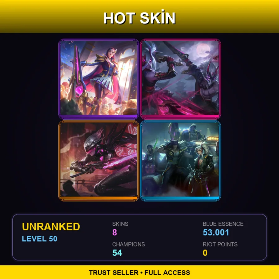 VN | Lv50 | Unranked | 8 Skin | 54 Champ — LoL account