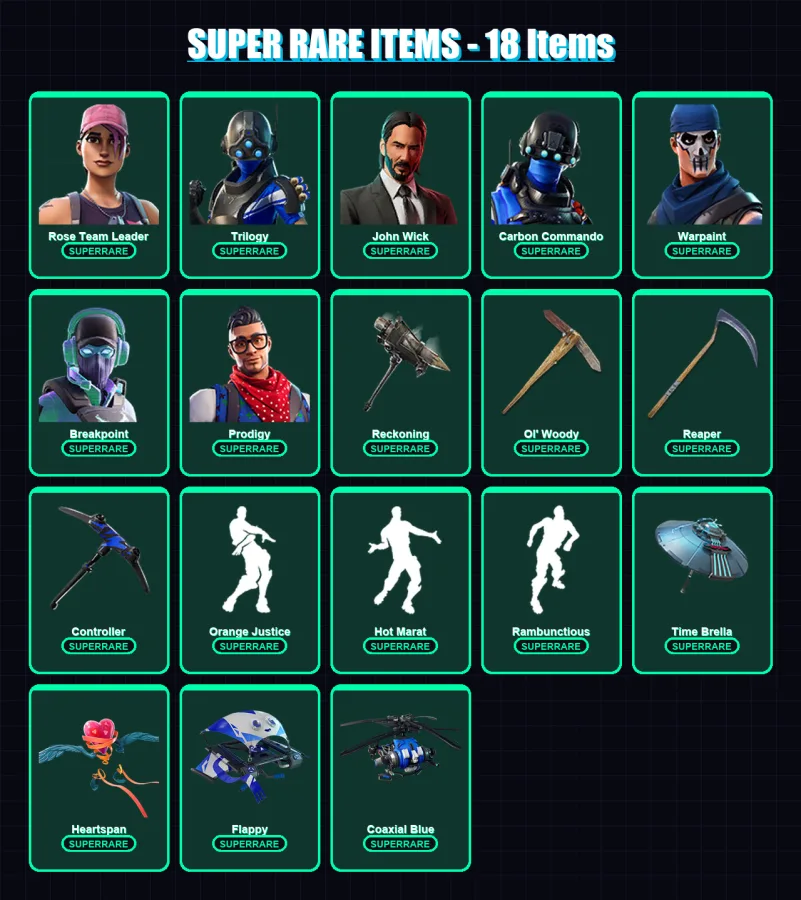 [PC/XBOX] | Rose Team Leader | Trilogy | John Wick | Carbon Commando | Warpaint | 180 skin | 142 pickaxe | 156 emote | 136 glider | Lv1862