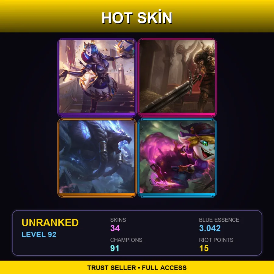 EUNE | Lv92 | Unranked | 34 Skin | 91 Champ