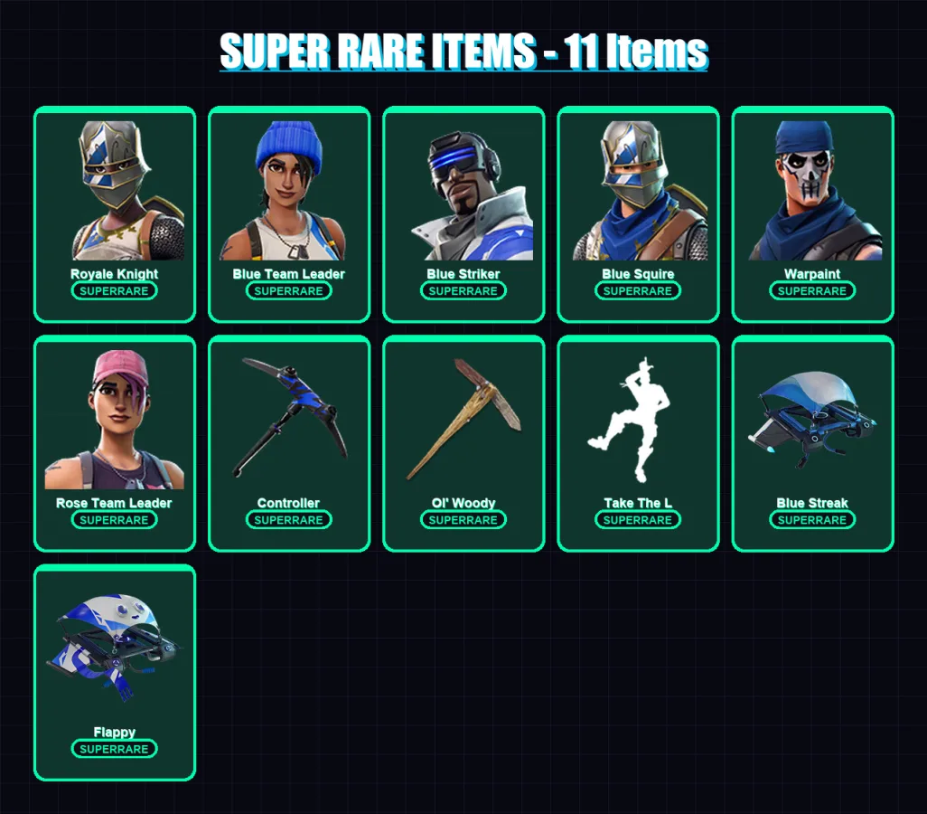 [PC/XBOX/PSN] | Royale Knight | Blue Team Leader | Blue Striker | Blue Squire | Warpaint | 10 skin | 9 pickaxe | 10 emote | 16 glider | Lv151