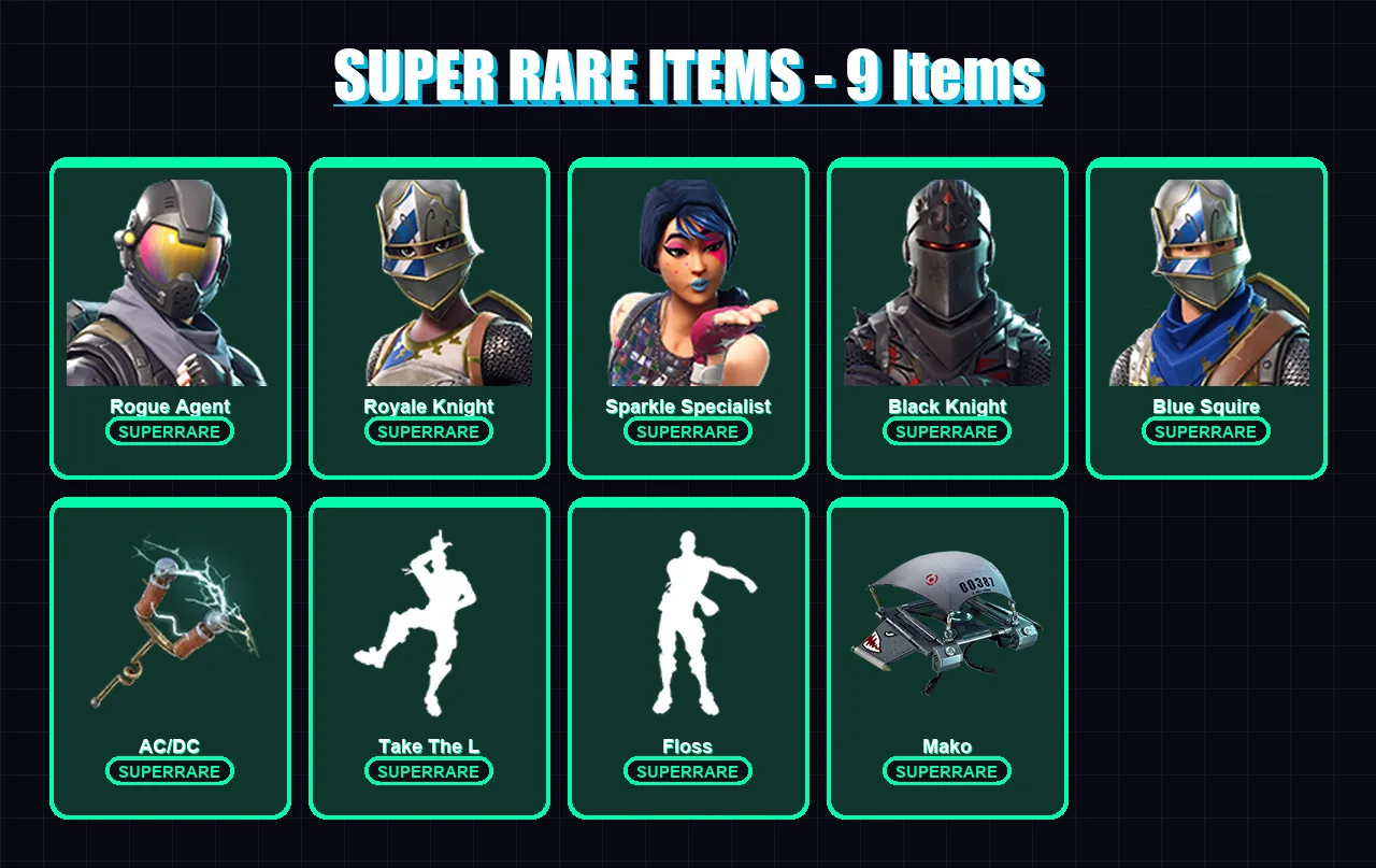 [PC/XBOX/PSN] | Rogue Agent | Royale Knight | Sparkle Specialist | Black Knight | Blue Squire | 27 skin | 37 pickaxe | 38 emote | 35 glider | Lv488