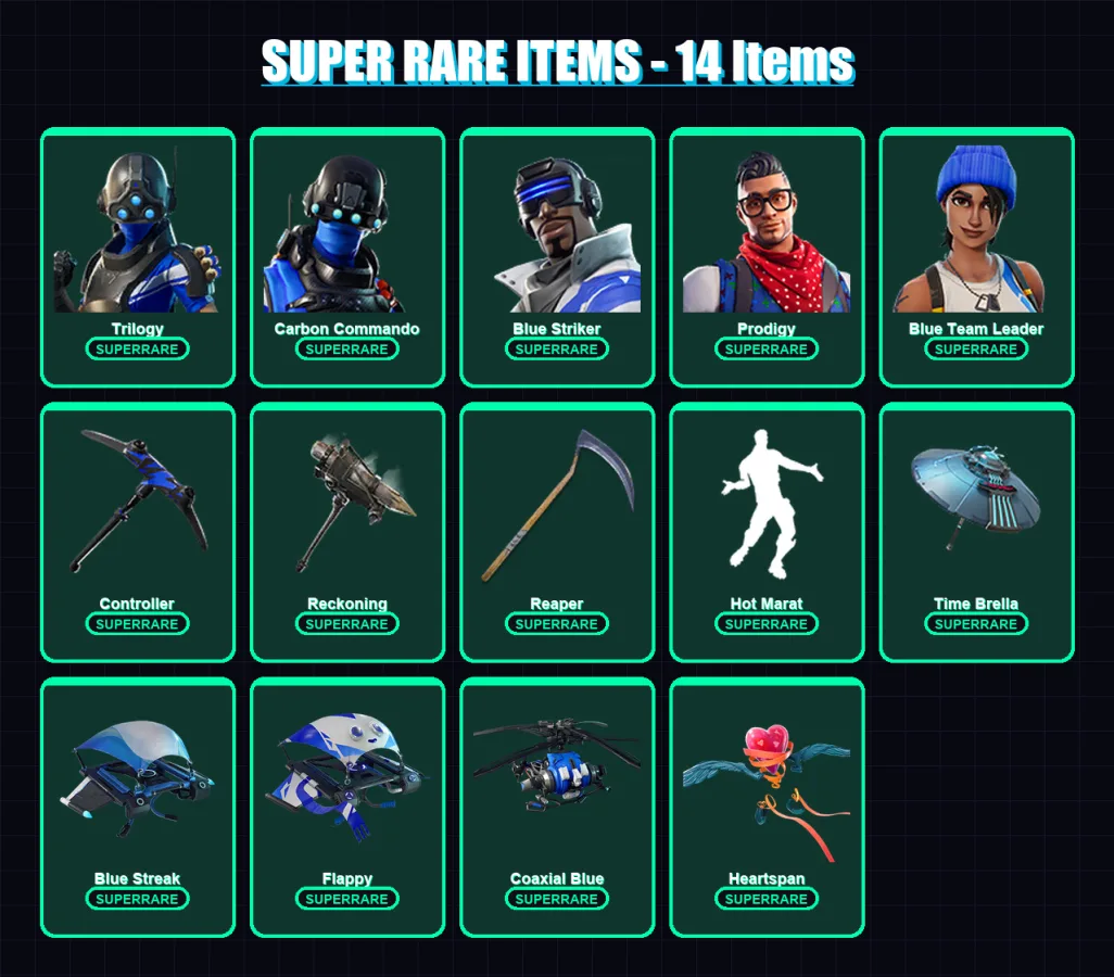 [PC/XBOX] | Trilogy | Carbon Commando | Blue Striker | Prodigy | Blue Team Leader | 58 skin | 44 pickaxe | 69 emote | 54 glider | Lv905