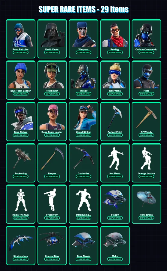 [PC/XBOX] | Point Patroller | Darth Vader | Warpaint | Prodigy | Carbon Commando | 133 skin | 160 pickaxe | 121 emote | 154 glider | Lv2181