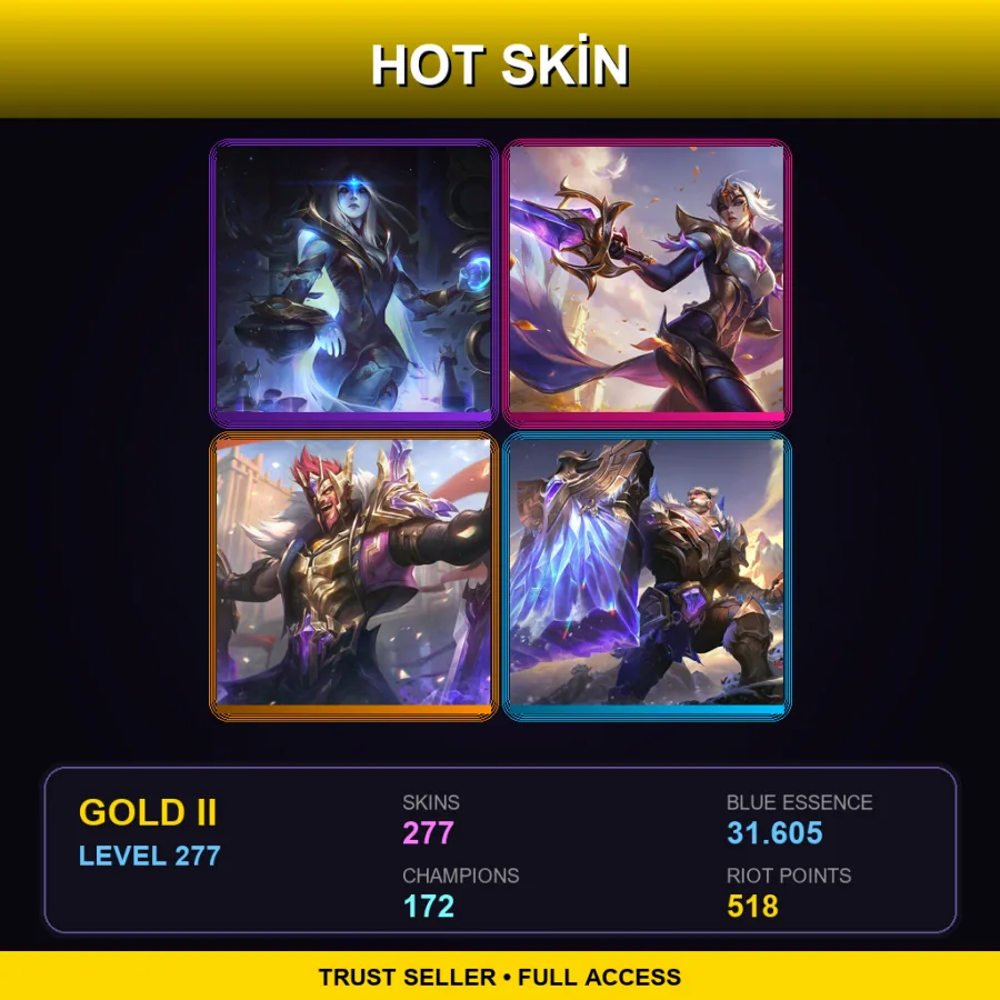 NA | Cosmic Queen Ashe | Victorious Fiora | Victorious Draven | Victorious Braum | 277 Skin | 172 Champ | Gold II | Lv277