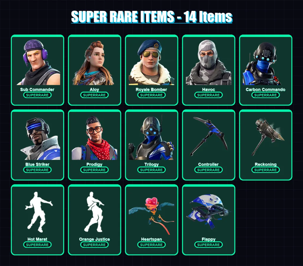 [PC/XBOX] | Sub Commander | Aloy | Royale Bomber | Havoc | Carbon Commando | 63 skin | 56 pickaxe | 71 emote | 67 glider | Lv867