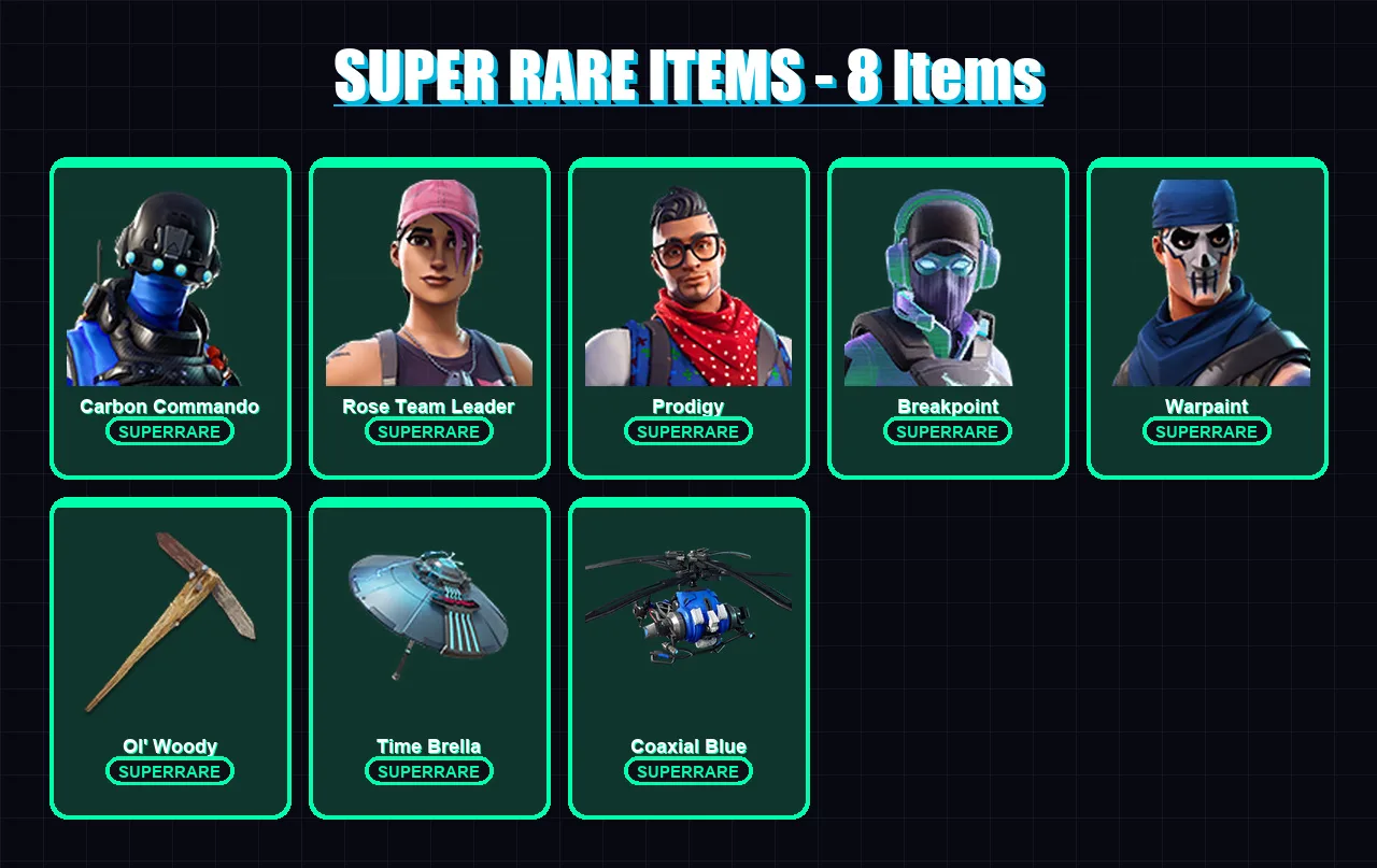 [PS4/PS5/XBOX/PC] | Carbon Commando | Rose Team Leader | Prodigy | Breakpoint | Warpaint | 50 skin | 54 pickaxe | 56 emote | 65 glider | Lv730