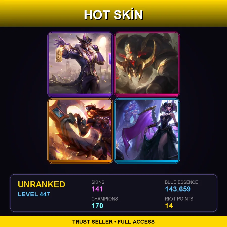 VN | Lv447 | Unranked | 141 Skin | 170 Champ — LoL account