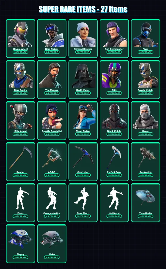 [PC/XBOX] | Rogue Agent | Blue Striker | Blizzard Bomber | Sub Commander | Fixer | 94 skin | 78 pickaxe | 82 emote | 90 glider | Lv1220