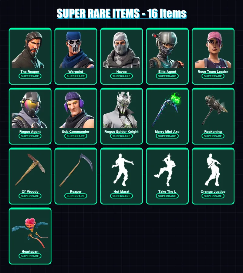 [PS4/PS5/XBOX/PC] | The Reaper | Warpaint | Havoc | Elite Agent | Rose Team Leader | 172 skin | 138 pickaxe | 104 emote | 102 glider | Lv1608