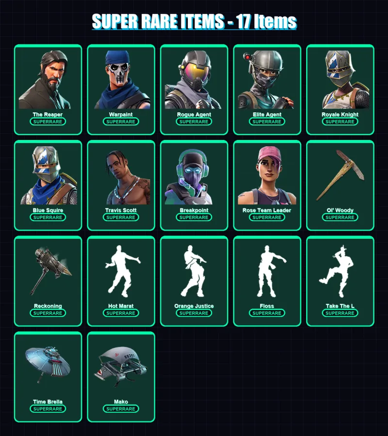 [PC] | The Reaper | Warpaint | Rogue Agent | Elite Agent | Royale Knight | 103 skin | 91 pickaxe | 105 emote | 101 glider | Lv1432