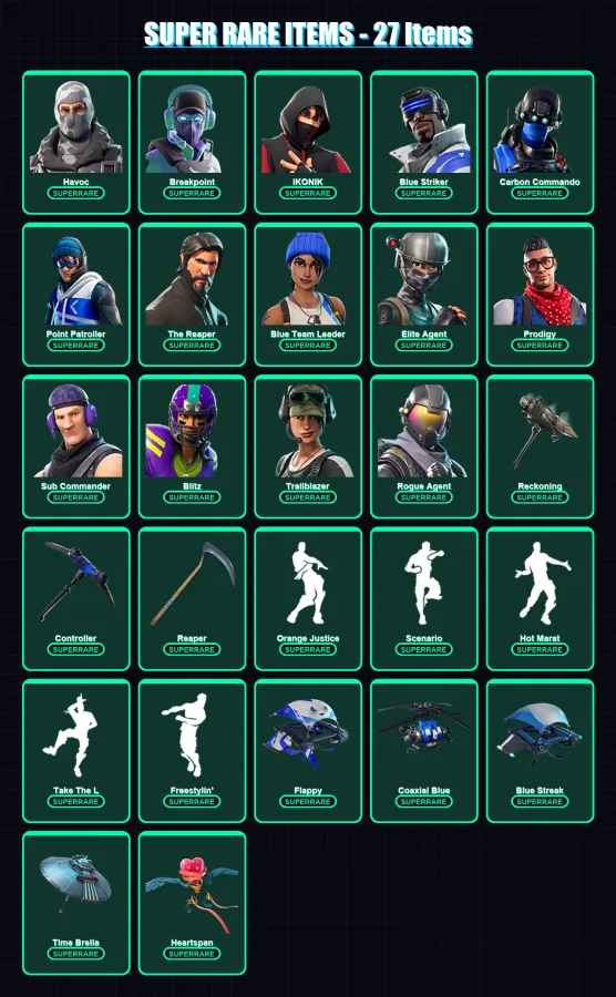 [PS4/PS5/XBOX/PC] | Havoc | Breakpoint | IKONIK | Blue Striker | Carbon Commando | 117 skin | 71 pickaxe | 92 emote | 86 glider | Lv1003
