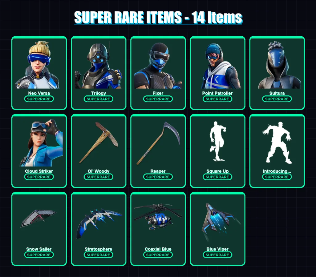 [PS4/PS5/XBOX/PC] | Neo Versa | Trilogy | Fixer | Point Patroller | Sultura | 167 skin | 162 pickaxe | 144 emote | 143 glider | Lv2082