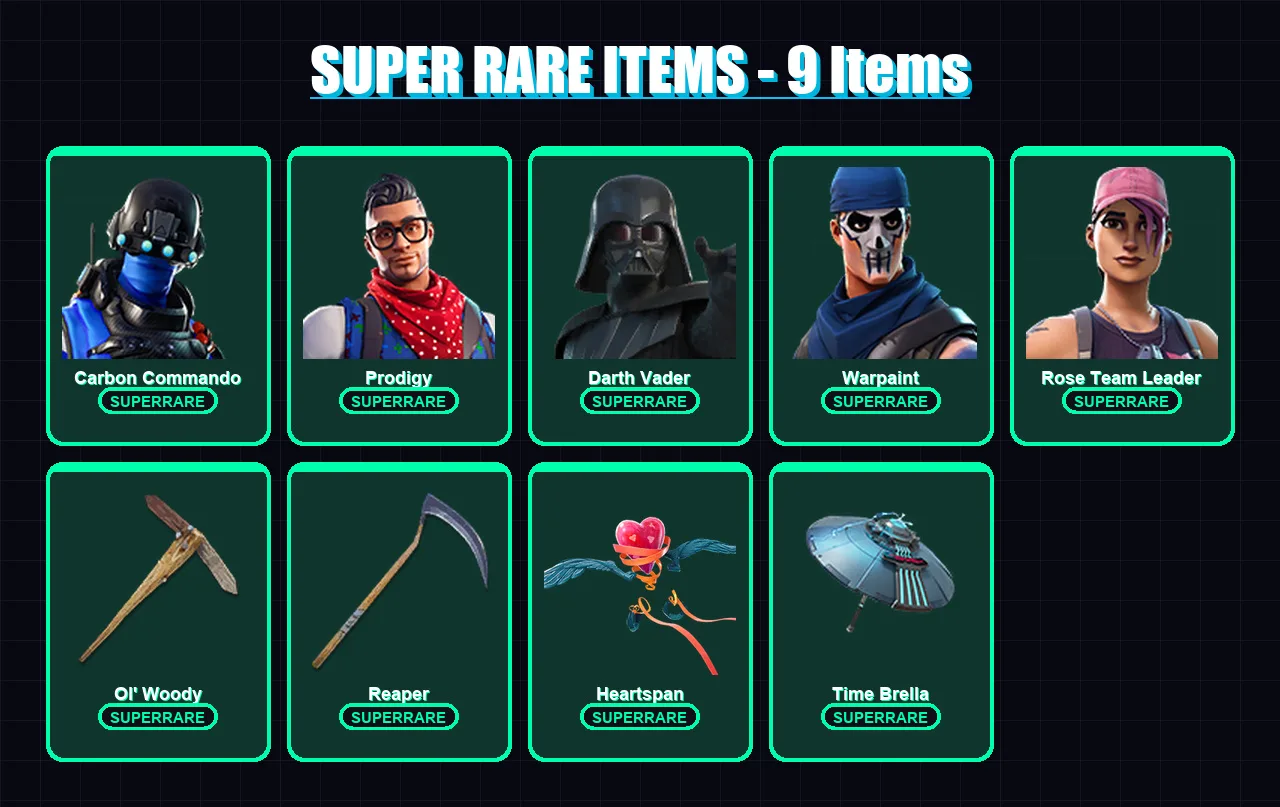 [PC/XBOX] | Carbon Commando | Prodigy | Darth Vader | Warpaint | Rose Team Leader | 203 skin | 220 pickaxe | 152 emote | 181 glider | Lv2080
