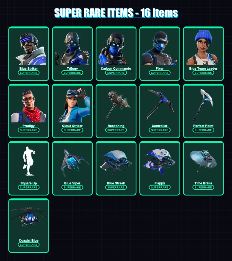 [PS4/PS5/XBOX/PC] | Blue Striker | Trilogy | Carbon Commando | Fixer | Blue Team Leader | 56 skin | 73 pickaxe | 51 emote | 74 glider | Lv1138